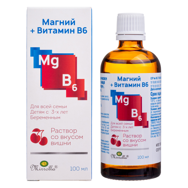 Mirrolla Магний+Витамин B6 раствор со вкусом вишни 100 мл 1 шт