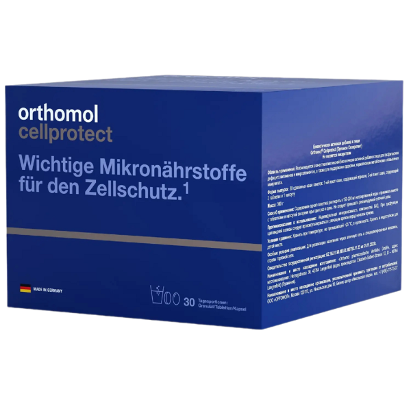Ортомоль Селпротект/Orthomol Cellrotect набор порошок массой 10 г+капсулы массой 775 мг+таблетки 814 мг и 472 мг саше 30 шт