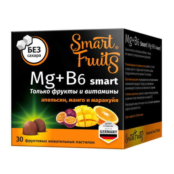 Смарт Фрутс Магний+B6 смарт/Smart Fruits Mg+B6 smart фруктовые жевательные пастилки массой 2,5 г 30 шт