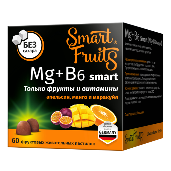 Смарт Фрутс Магний+B6 смарт/Smart Fruits Mg+B6 smart фруктовые жевательные пастилки массой 2,5 г 60 шт